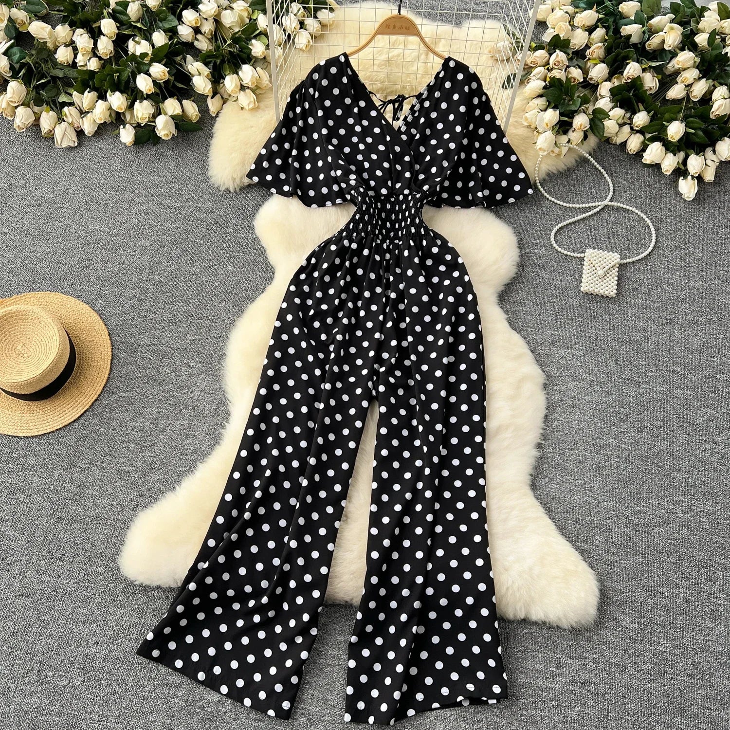 Elegant Polka Dot Romper for Women V-Neck Short Sleeve High Waist Wide Leg Jumpsuit Loose Fit Summer Playsuit