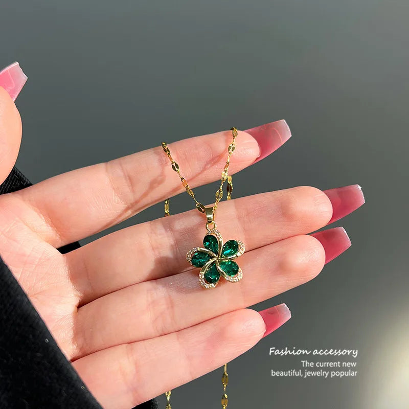 Stainless Steel Green Zircon Flower Pendant Necklace for Women Luxury Birthday Jewelry Gift