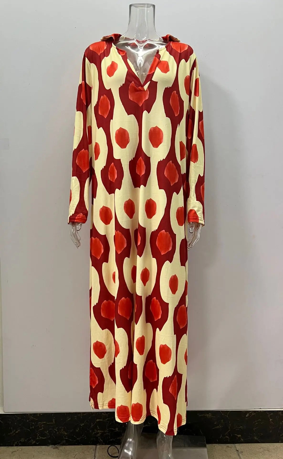 Autumn Winter Long V Neck Printed Dress With Unique Print