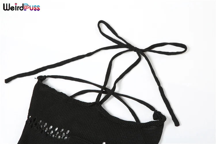 Weird Puss Bandage Knit Halter Jumpsuit with Gloves Women Stretch Sexy Backless Hollow Skinny Street Style Stacked Workout Overalls