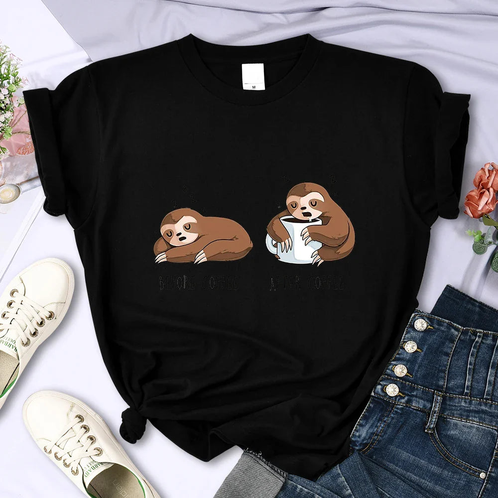 Before Coffee After Coffee Kawaii Sloth T Shirt for Women Casual Fashion Short Sleeve Breathable Tee