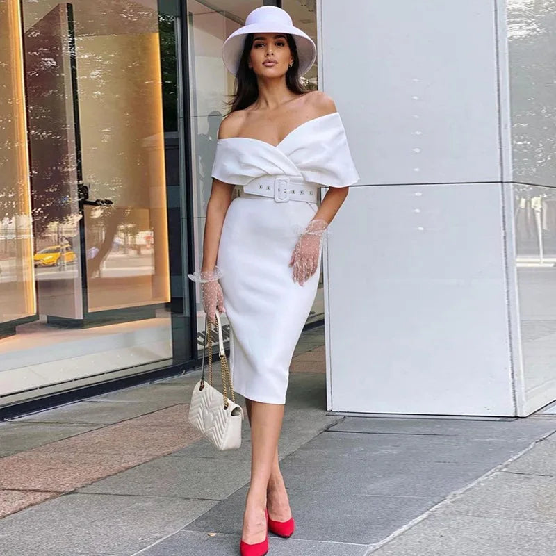 Off Shoulder High Waist Belted Summer Dress For Women