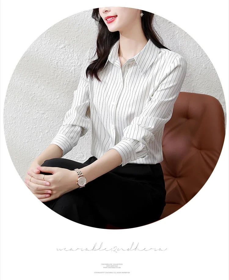 Striped Long Sleeve Women Shirt Button Up Blouse Lightweight Chiffon Tops Elegant Casual Office Wear