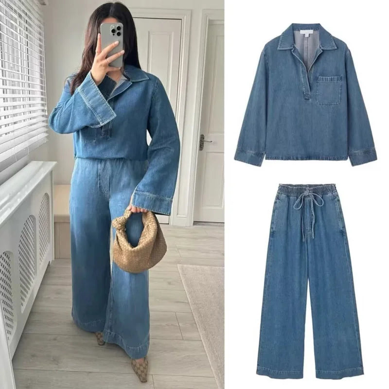 Casual Open Collar Denim Top with Pocket and Loose Wide Leg Drawstring Waist Denim Pants Two Piece Set for Women