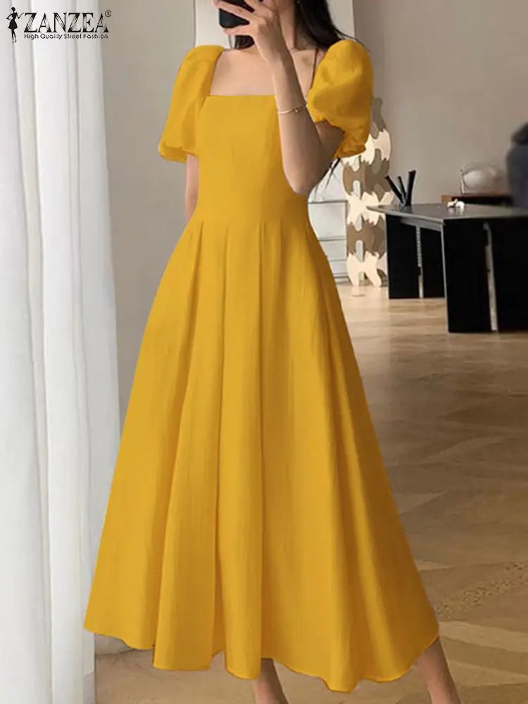 Korean Elegant Puff Sleeve A Line Dress Square Neckline