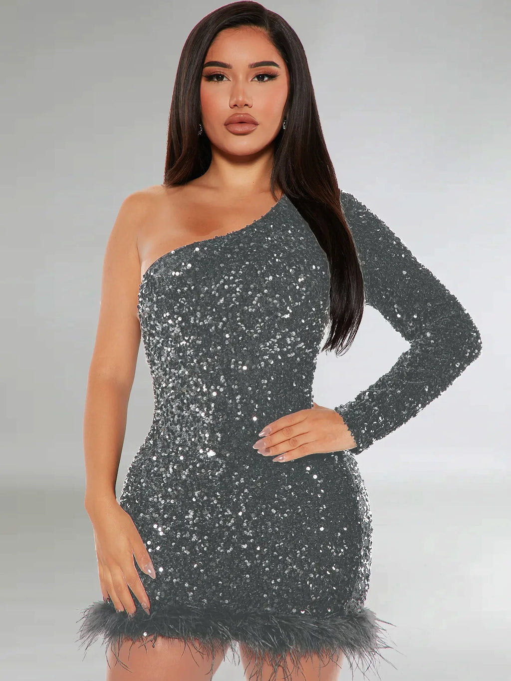 Elegant Off Shoulder Sequin Party Dress Long Sleeve