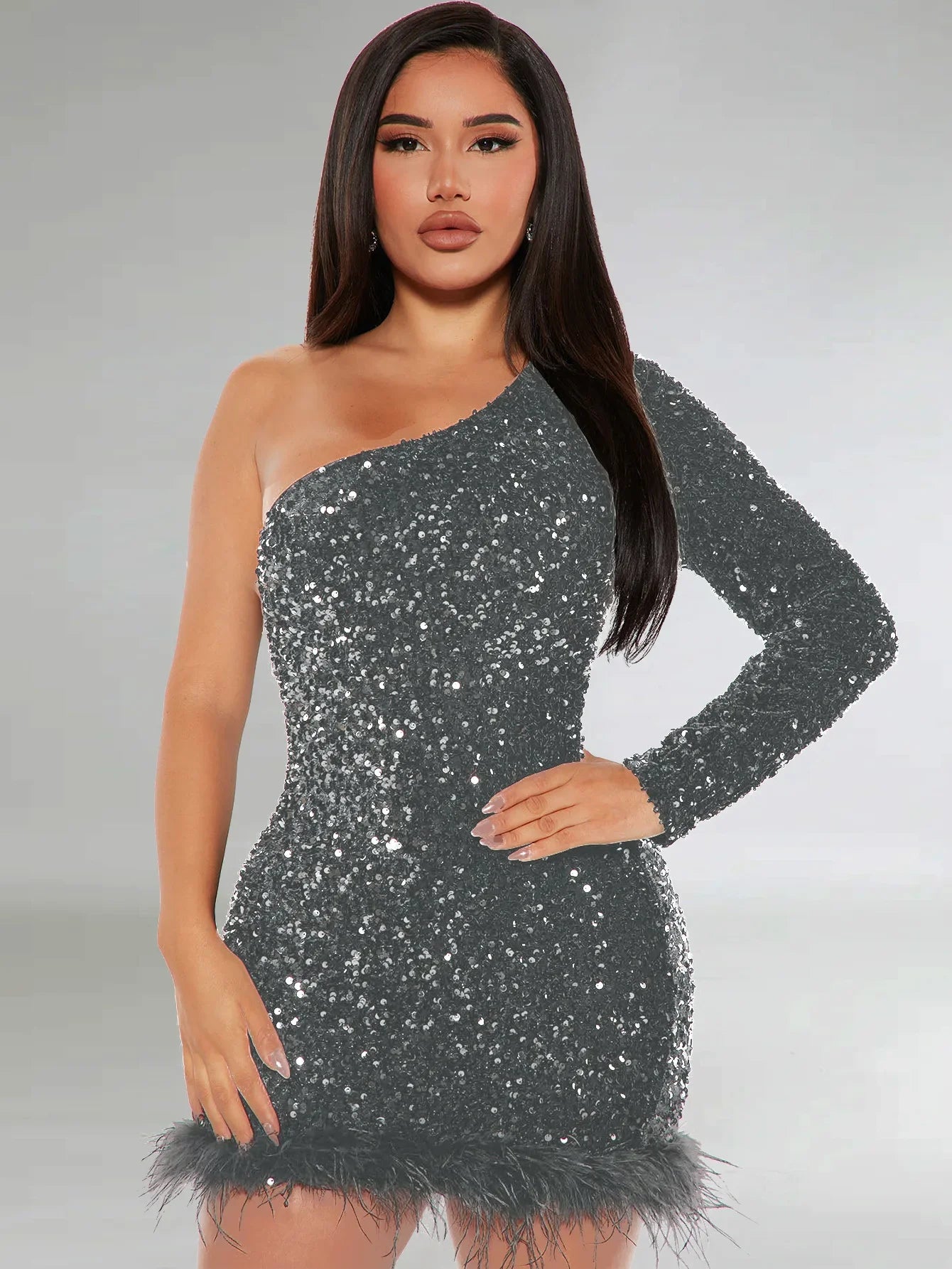 Elegant Off Shoulder Sequin Party Dress Long Sleeve