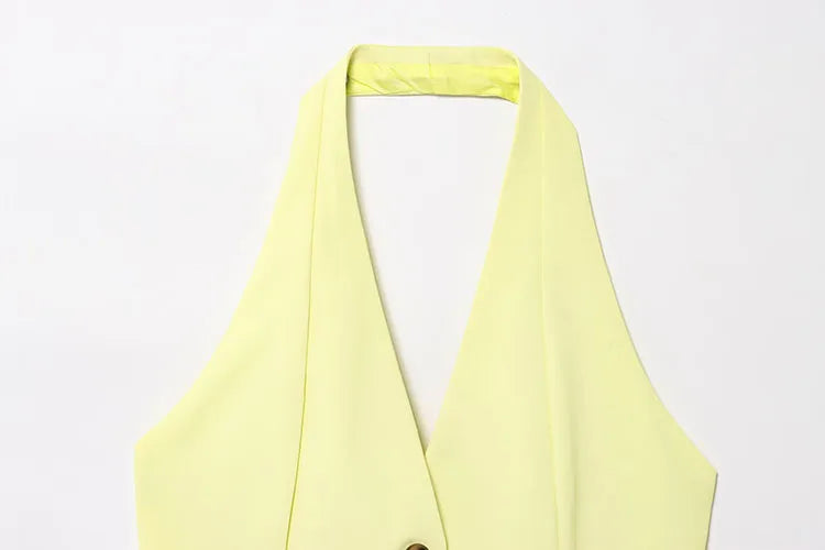 Double Pleat High Waist Trousers and V Neck Halter Waistcoat Two Piece Women's Fashion Outfit with Button Details