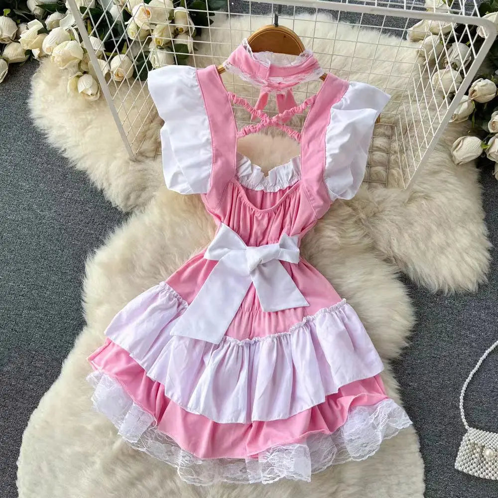 Pink Lolita Maid Dress Mini Short Patchwork Lace Details