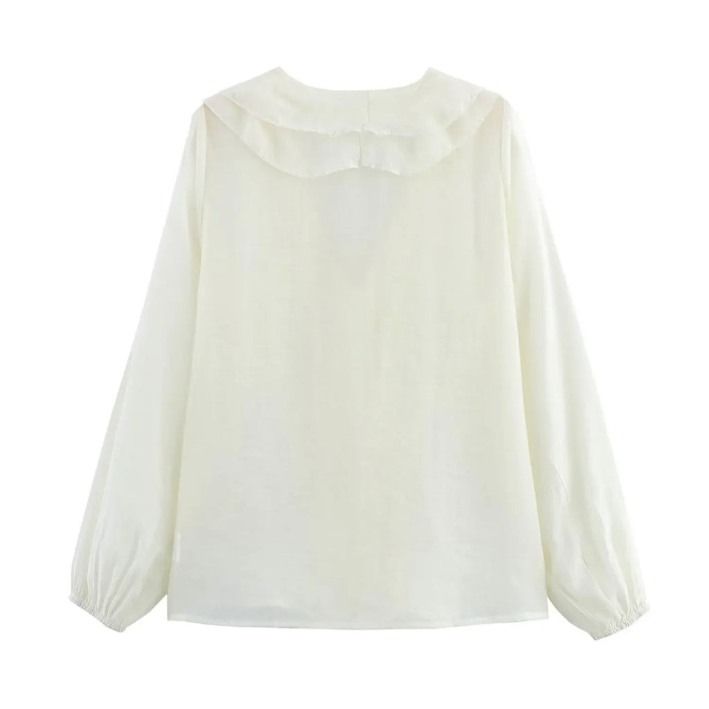 Women's Fashion V-Neck Puffy Long Sleeve Shirt with Layered Decoration and Elegant Temperament
