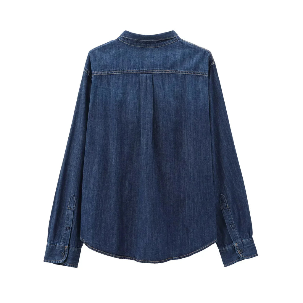 Women's Elegant Denim Shirt with Bowtie Single Breasted Casual Streetwear Autumn Winter Fashion Solid Button-Up