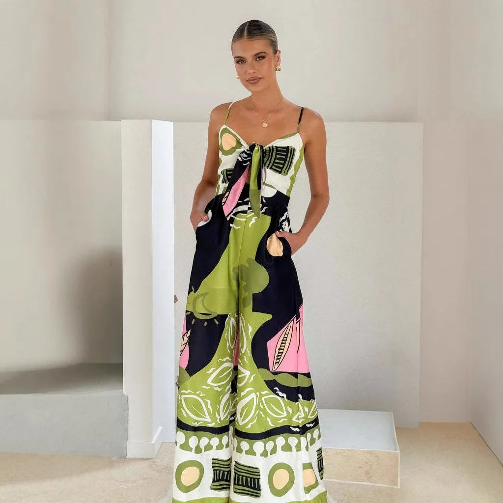 Women's Summer Printed Spaghetti Strap Jumpsuit with Hollow Out Lace-Up Detail High Waist Wide Leg Bohemian Style