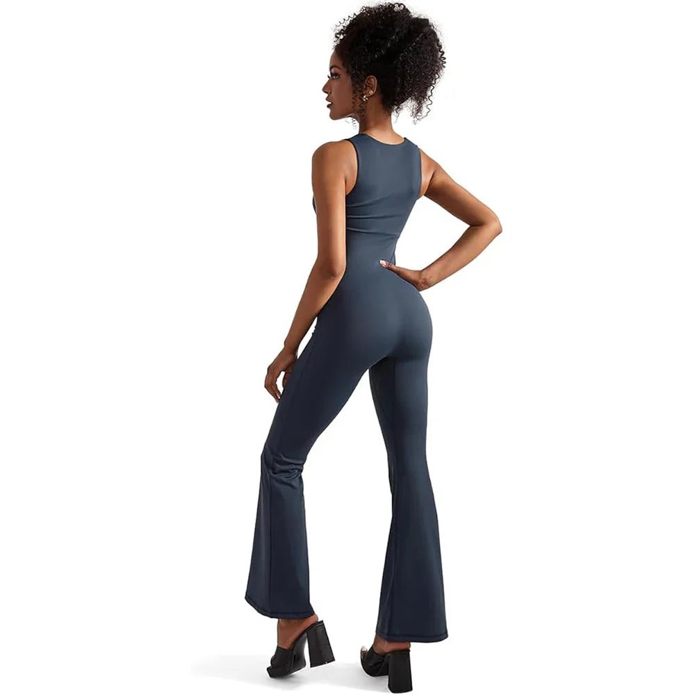 Women's Sleeveless Square Neck Bodysuit with Flared Pants Casual Fitness Jumpsuit Full Season Streetwear Playsuit