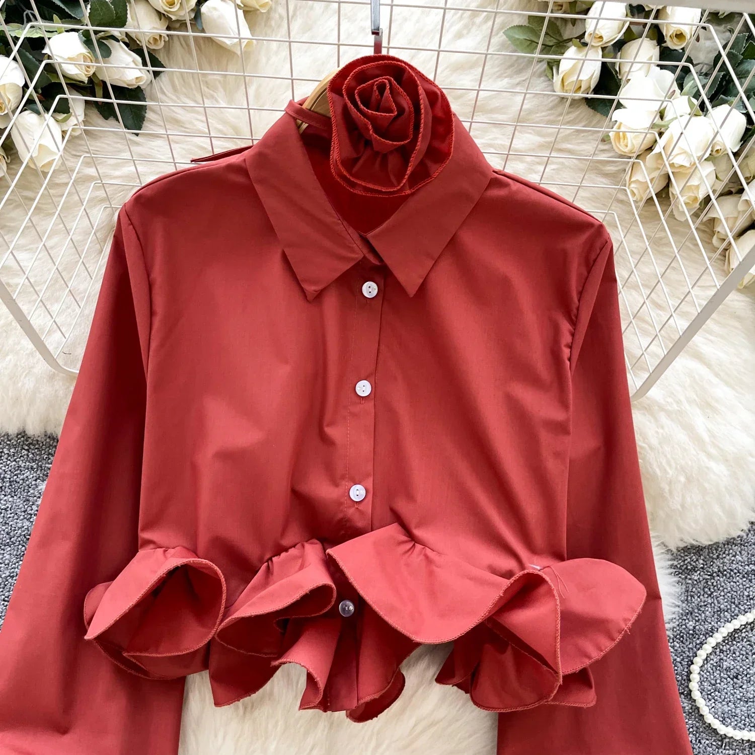 Women's 3D Floral Long Sleeve Blouse Single Breasted Turn-Down Collar Slim Fit Solid Color Shirt