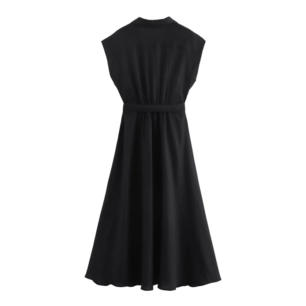 Elegant Linen Blend Belted Midi Dress Sleeveless Women