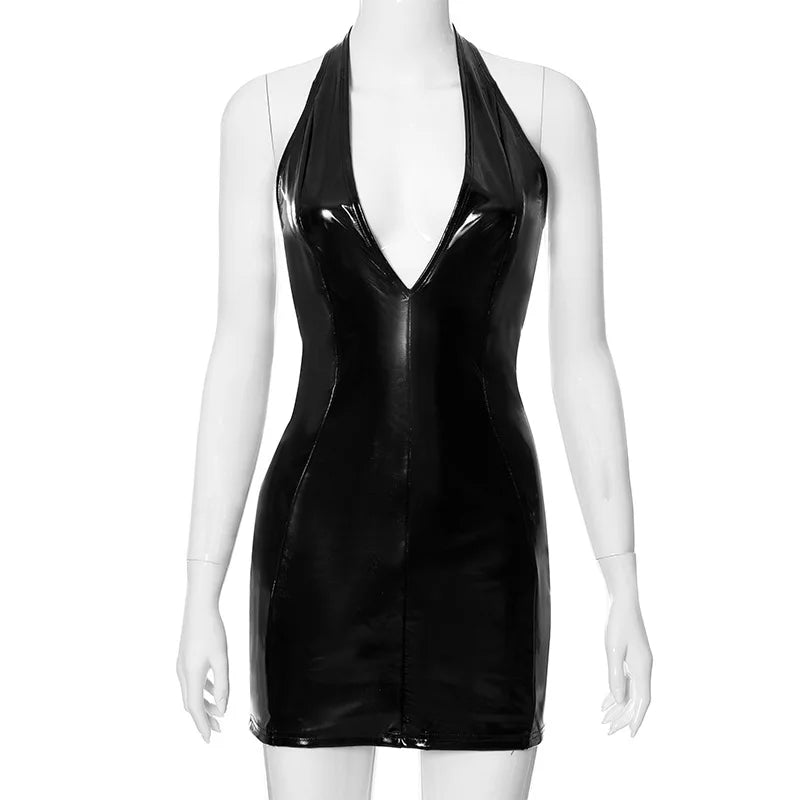 Halter Neck PU Mirror Dress Waist Slimming Nightclub Dress