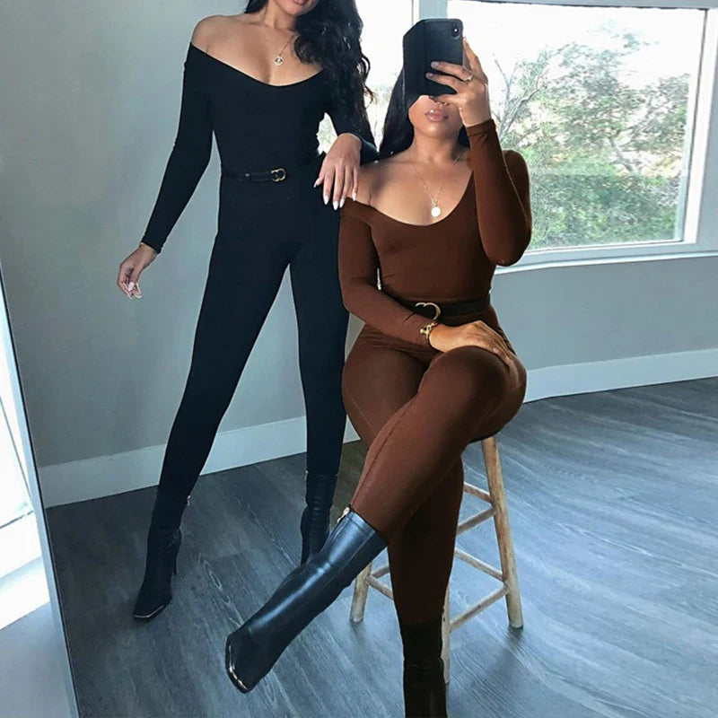Sexy Black Long Sleeve Bodycon Jumpsuit for Women Slim Fit Casual Streetwear Skinny Romper