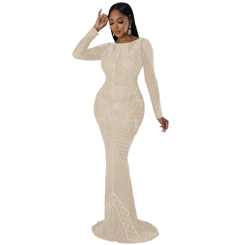 Sexy Mesh Diamond Embellished Maxi Dress for Evening Party