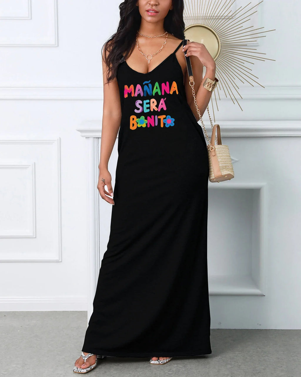 Women's Summer Letter Print Loose Vneck Pocket Dress