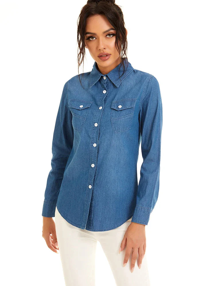 Light Blue Slim Fit Cotton Denim Shirt for Women Long Sleeve Casual Thin Jeans Blouse Top