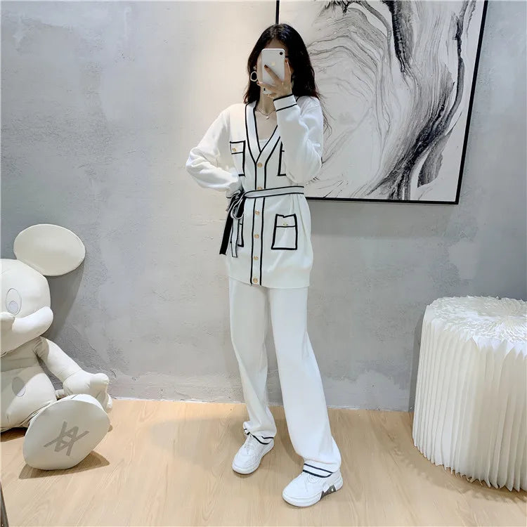 Autumn Elegant Two-Piece Trouser Suit for Women Long Sleeve Tailored Coat with Casual Wide Leg Trousers Office Lady Chic Set