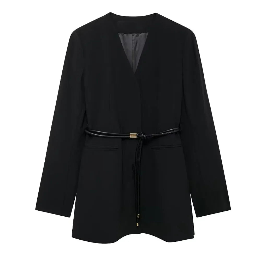 Women's Fashion Long Sleeve Suit Jacket with Belt and Zipper Straight Pants Set