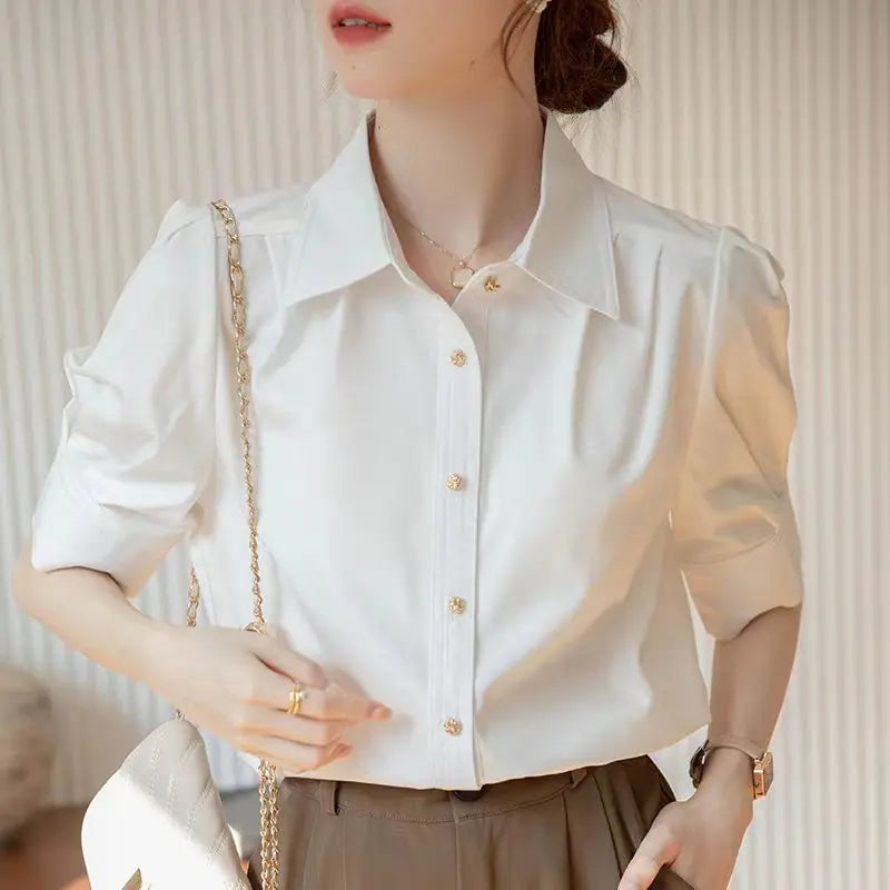 Elegant Summer Short Sleeve Office Shirt for Women Solid Color Basic Button-Up Blouse Stylish and Comfortable Female Workwear Top