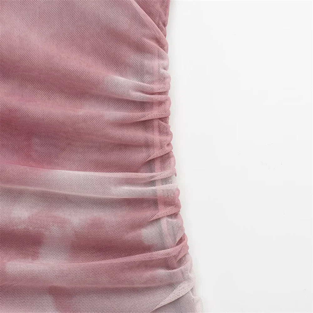 Pleated Silk Mesh Dress With Round Neck For Spring Summer