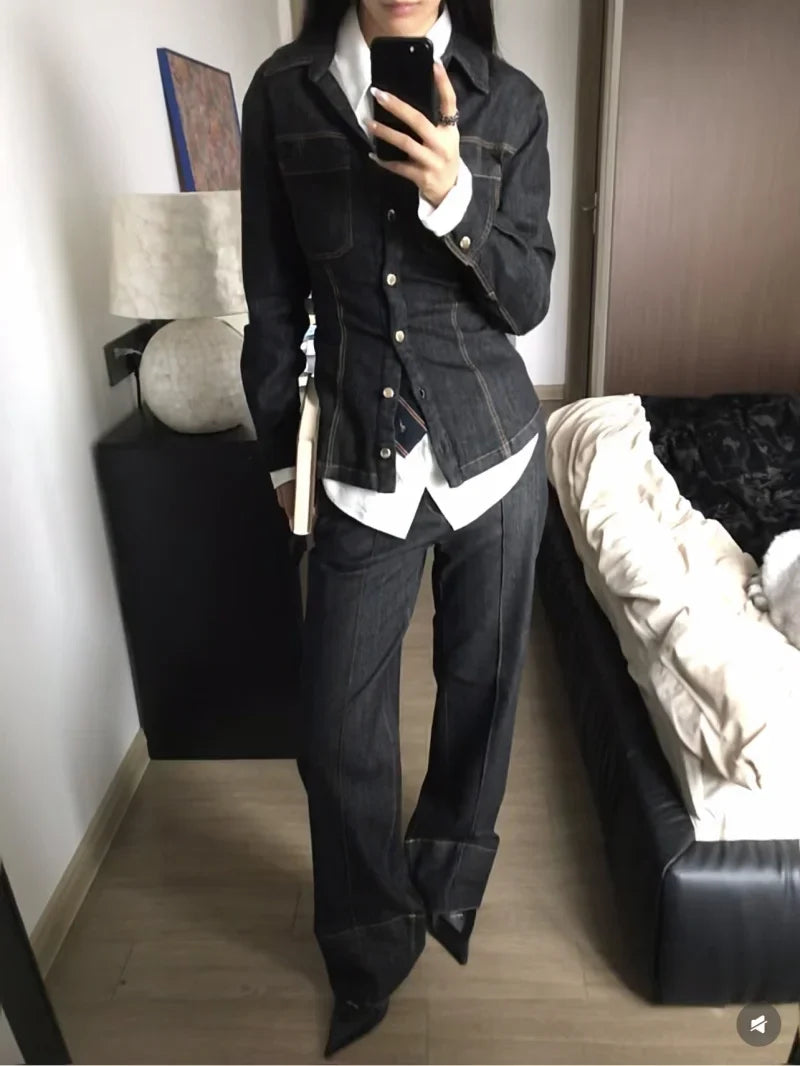 Women's Slim-Fit Denim Shirt with Stretch Waist and Flare Trousers for Comfortable Spring Style