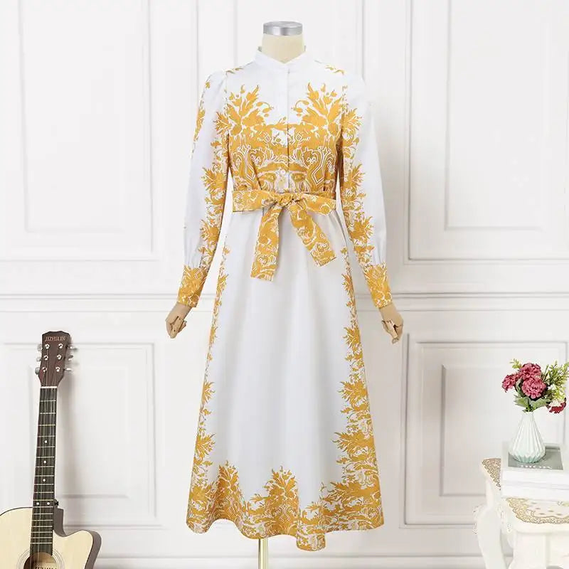 Bohemian Maxi Shirt Dress Belted Long Sleeve Floral Print