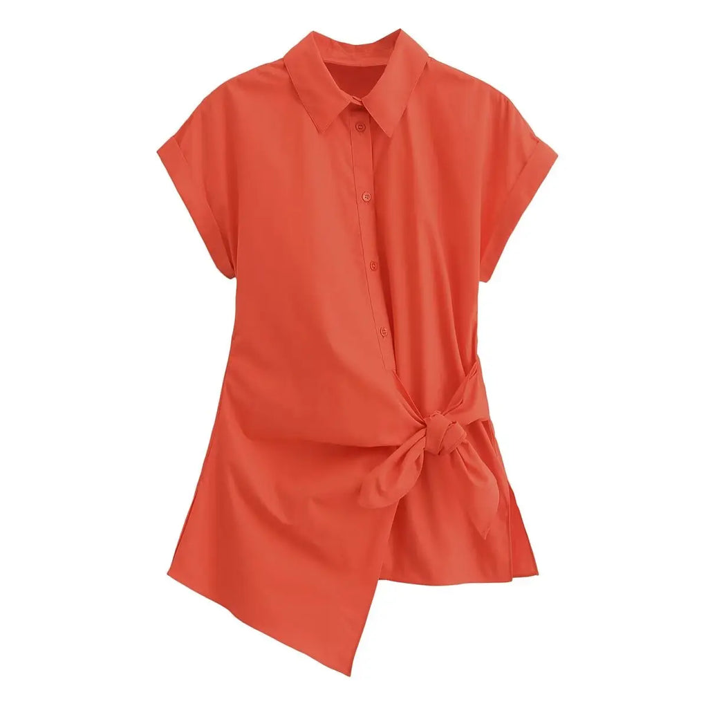 Women's Elegant Poplin Shirt Top with Versatile Waist Tie Detail Slimming Design Summer Fashion Blouse for Office and Casual Wear