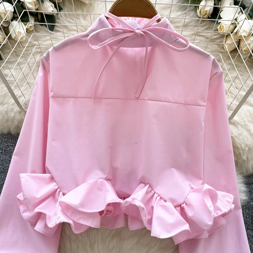 Women's 3D Floral Long Sleeve Blouse Single Breasted Turn-Down Collar Slim Fit Solid Color Shirt