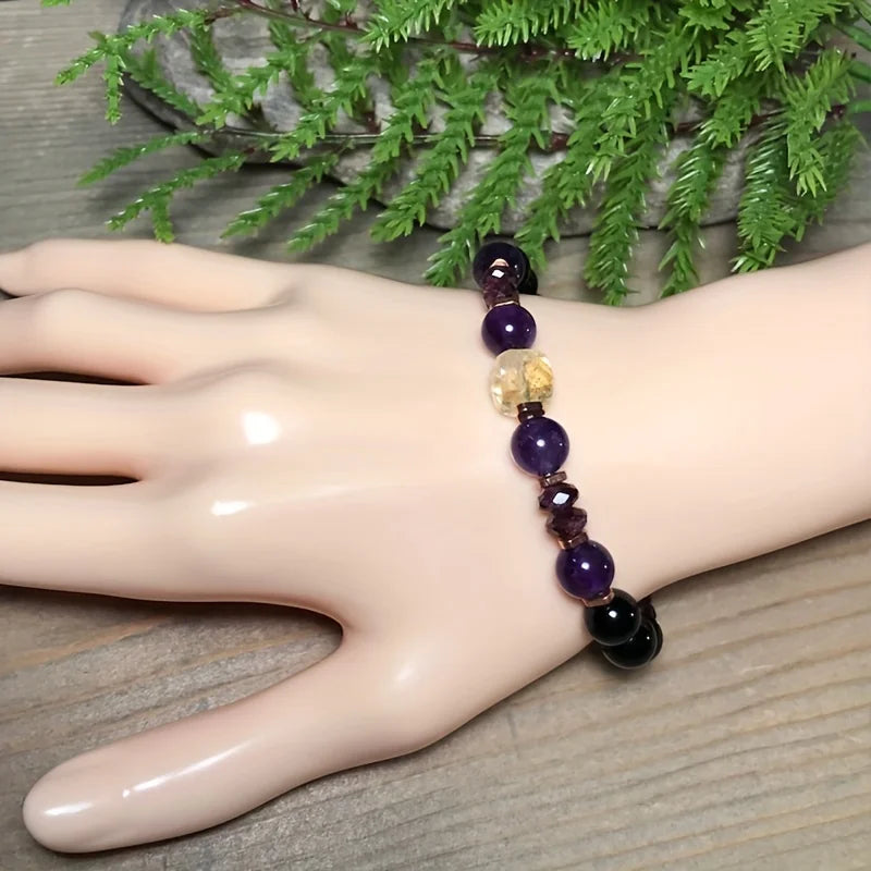 Attract Money Citrine Empathy Protection Bracelet with Garnet Black Tourmaline and Amethyst for Successful Healing and Stress Relief