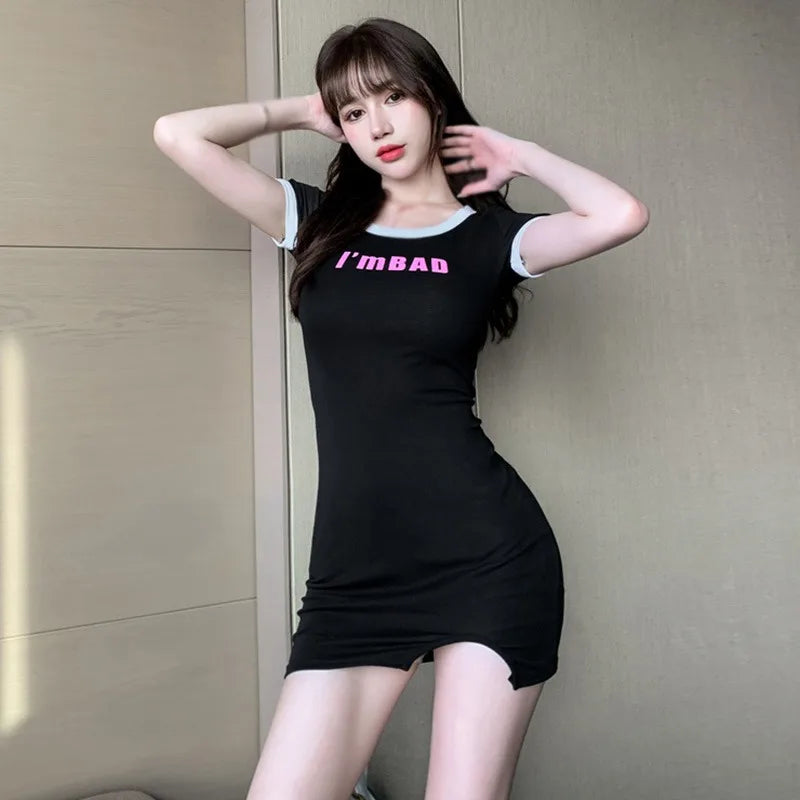 Korean Style O Neck Slim Dress For Women Short Sleeve