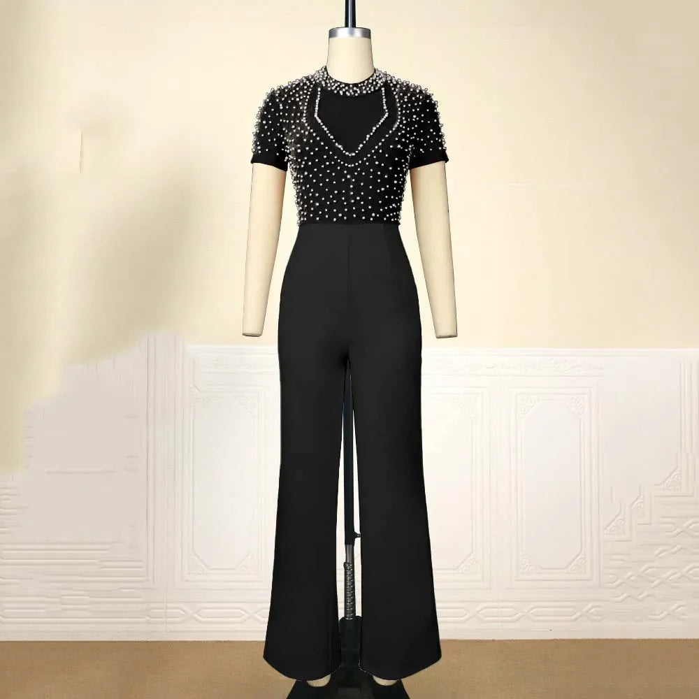 Elegant High Waisted Beaded Short Sleeve Jumpsuit for Women Luxury Birthday Dinner Party Romper Overalls Outfit