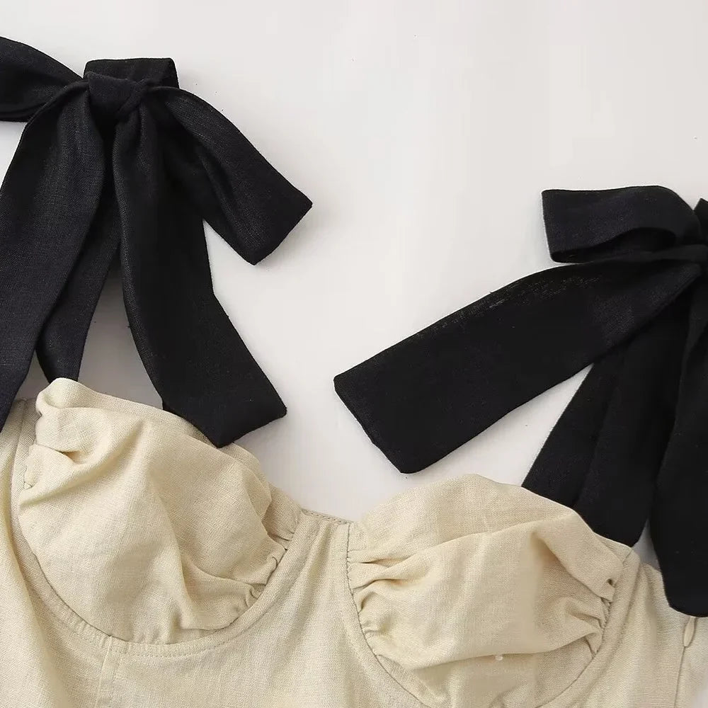 Slim Fit Linen Blend Mini Dress With Bow Decoration