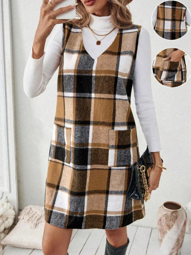 Autumn Plaid Sleeveless Dress For Women Mini Skirt Style