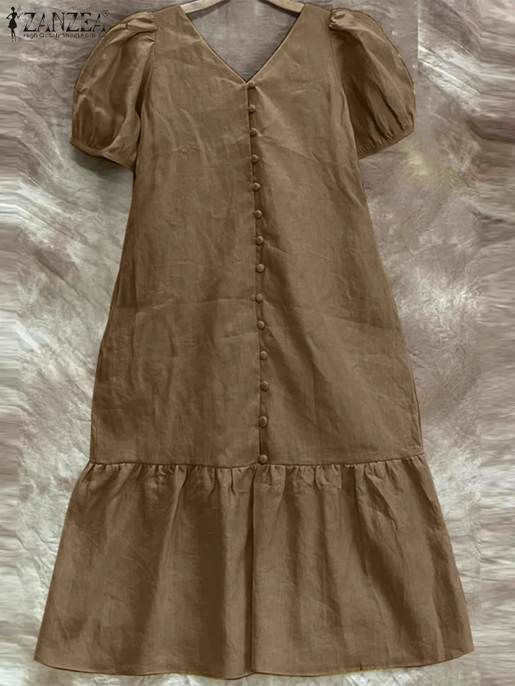 V Neck Puff Sleeve Midi Dress Solid Color Casual Wear