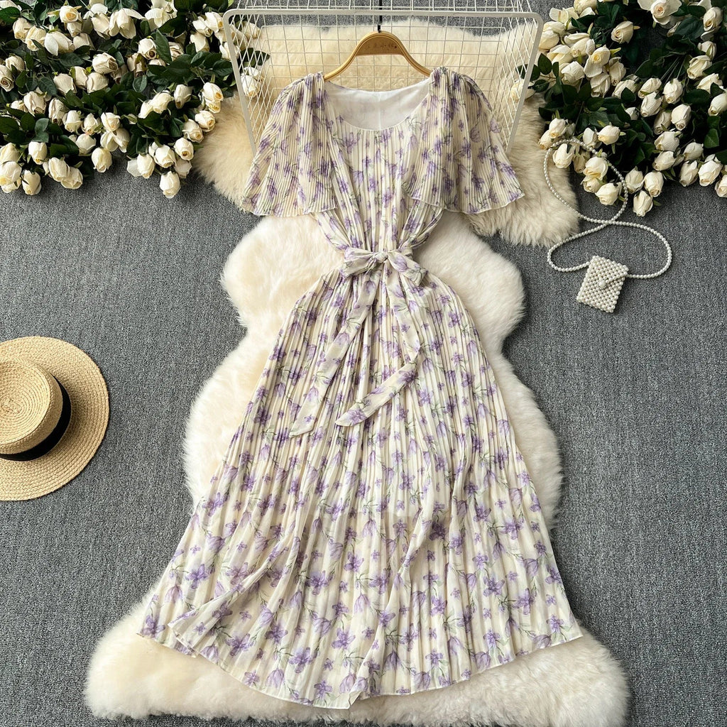 Retro Floral Chiffon Midi Dress With Ruffle Details