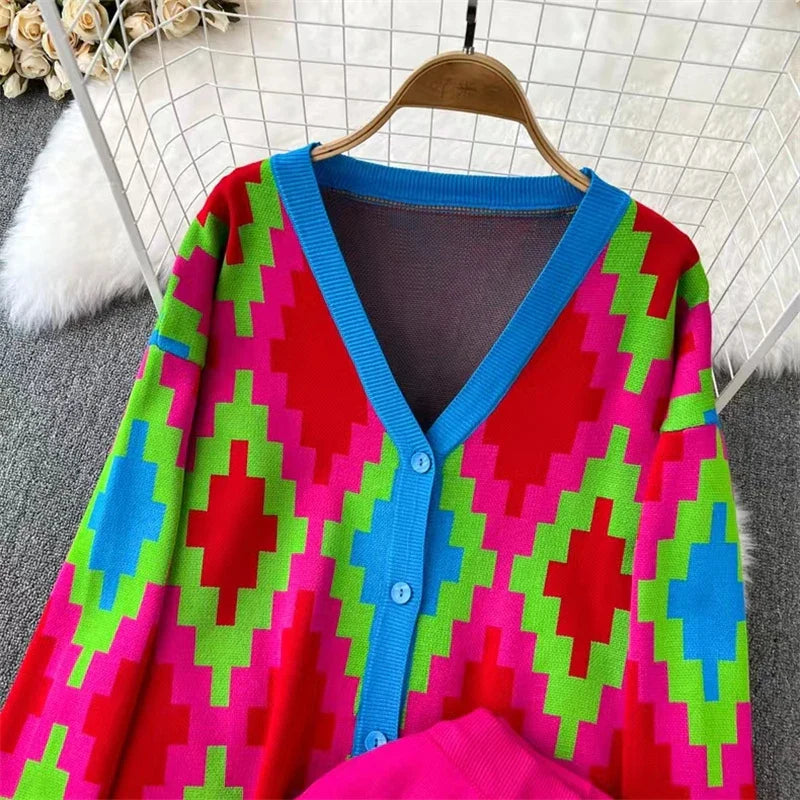 Casual Elegant Diamond Grid V-Neck Button Down Long Sleeve Top with Elastic Waist and Wide Leg Women's Suit Outfit