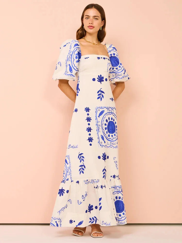 Bohemian Printed Lantern Sleeve Maxi Dress With Collar