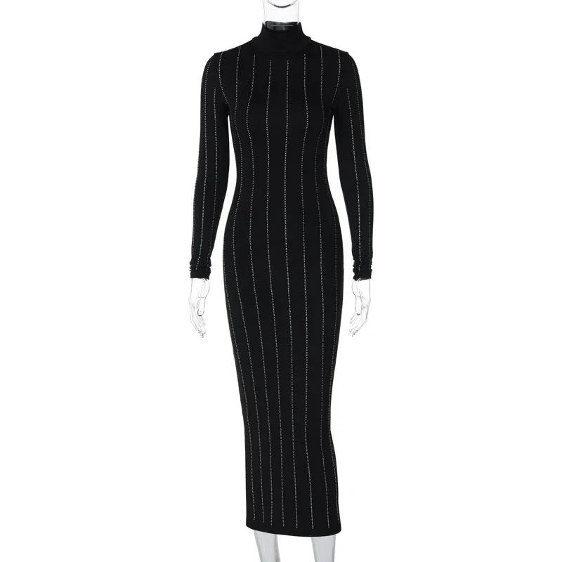 Sequined Bodycon Black Midi Dress Turtleneck Long Sleeve