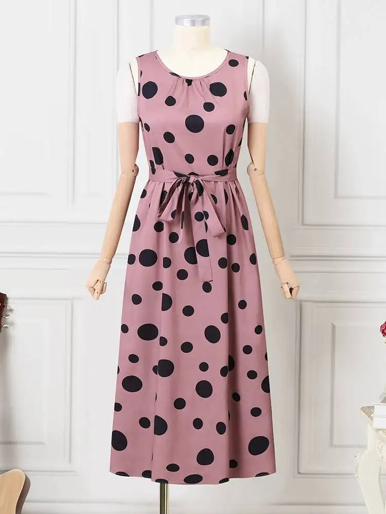 Polka Dot Kaftan Dress For Women Belted Waist Sleeveless