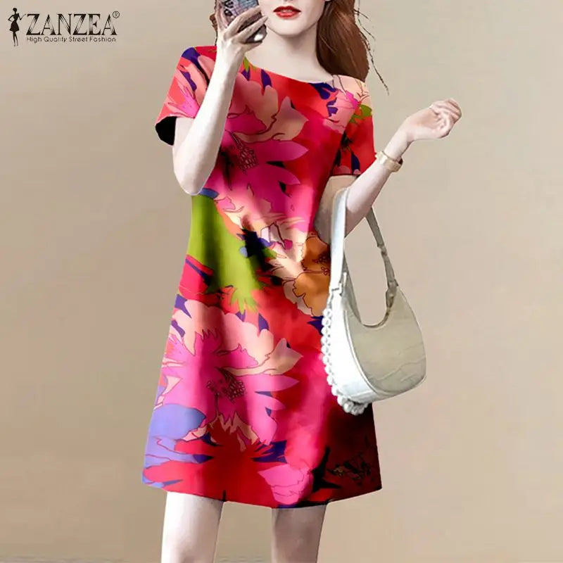 Floral Print Knee Length Summer Dress With Short Sleeve