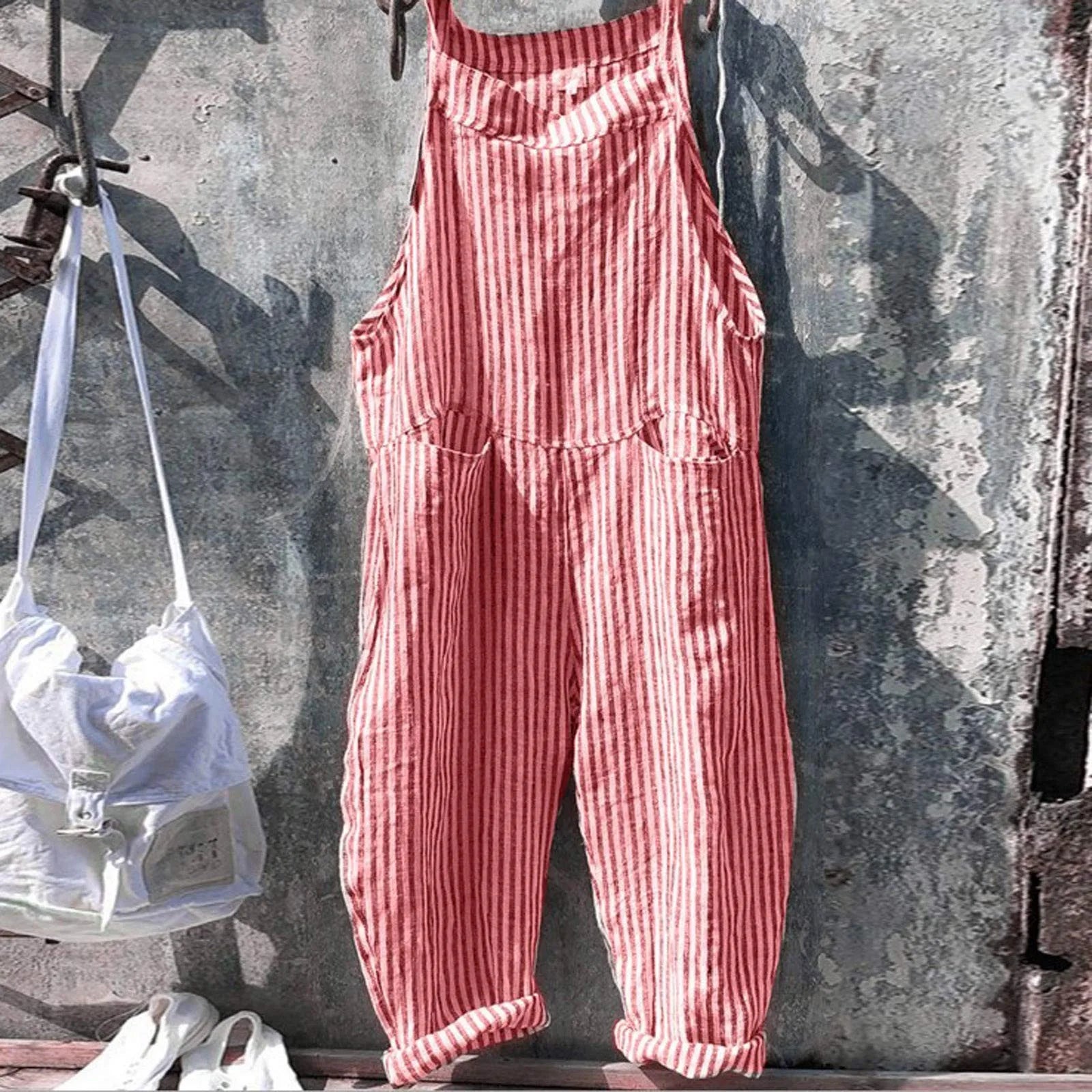 Vintage Multicolor Women's Cargo Jumpsuit Wide Leg Sleeveless Bib Trousers Casual Loose Fit with Pockets