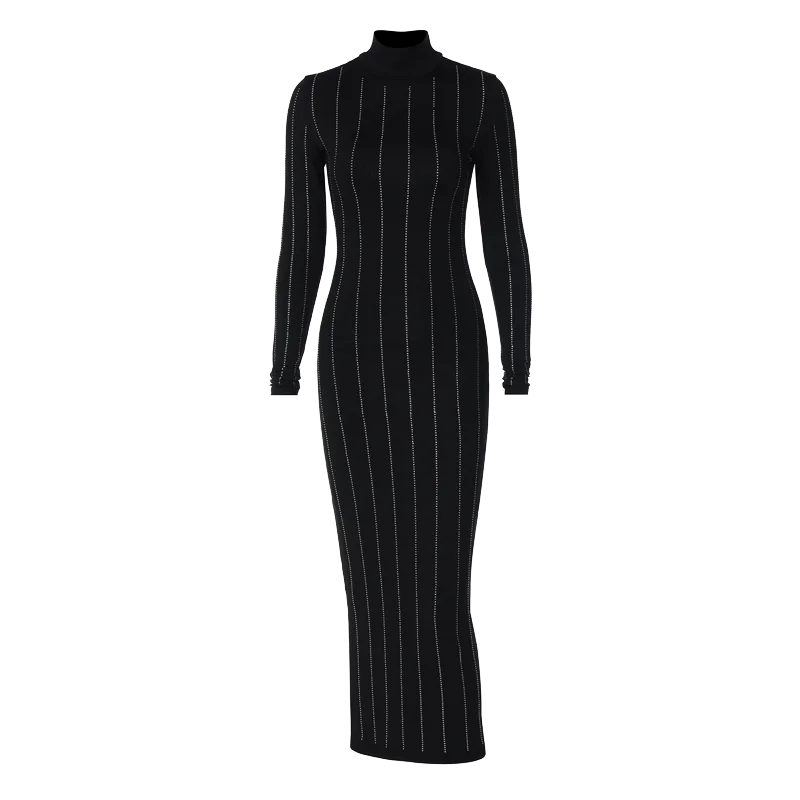 Sequined Bodycon Black Midi Dress Turtleneck Long Sleeve