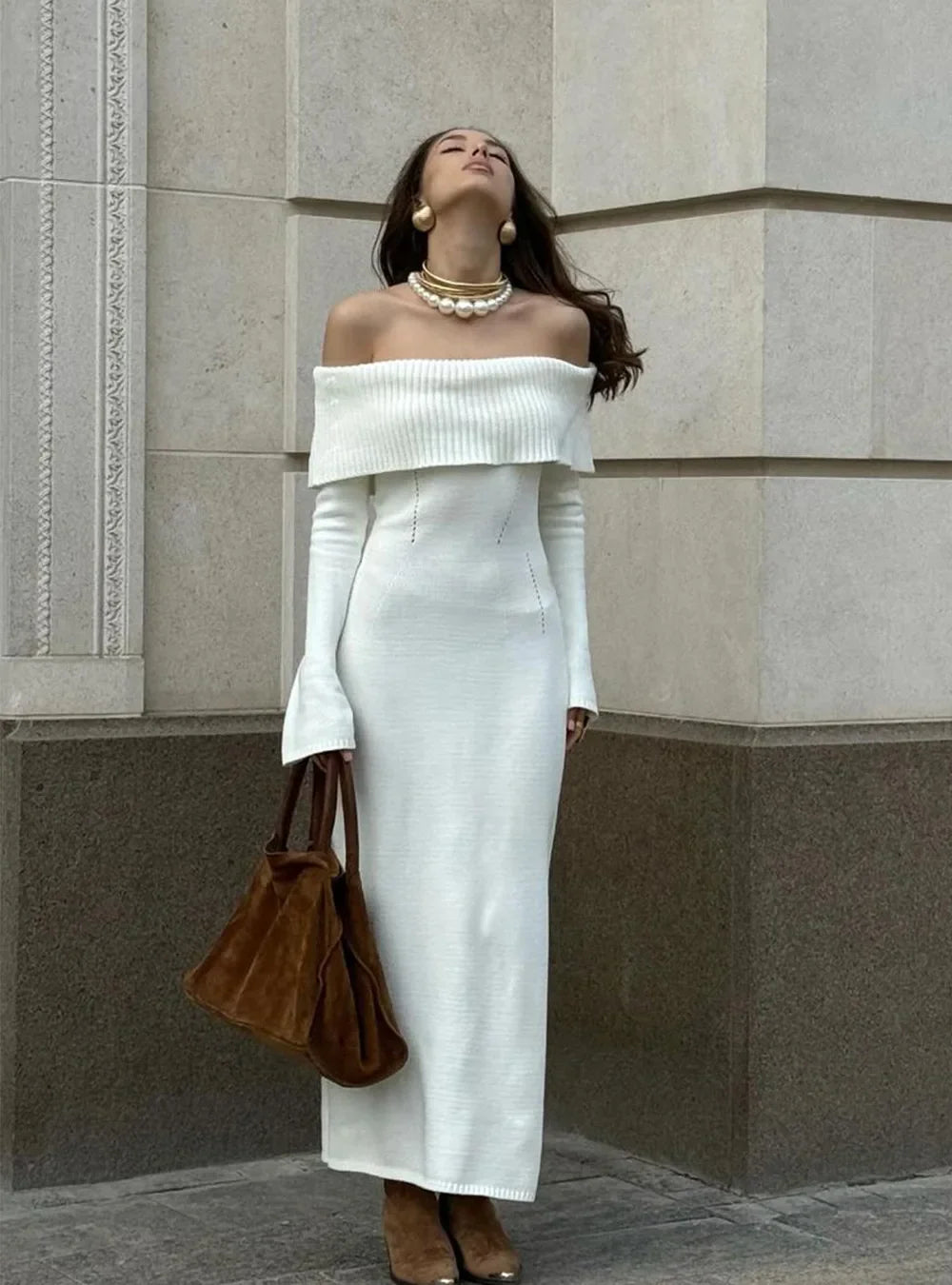 White Autumn Knit Dress For Women Off Shoulder Ribbed
