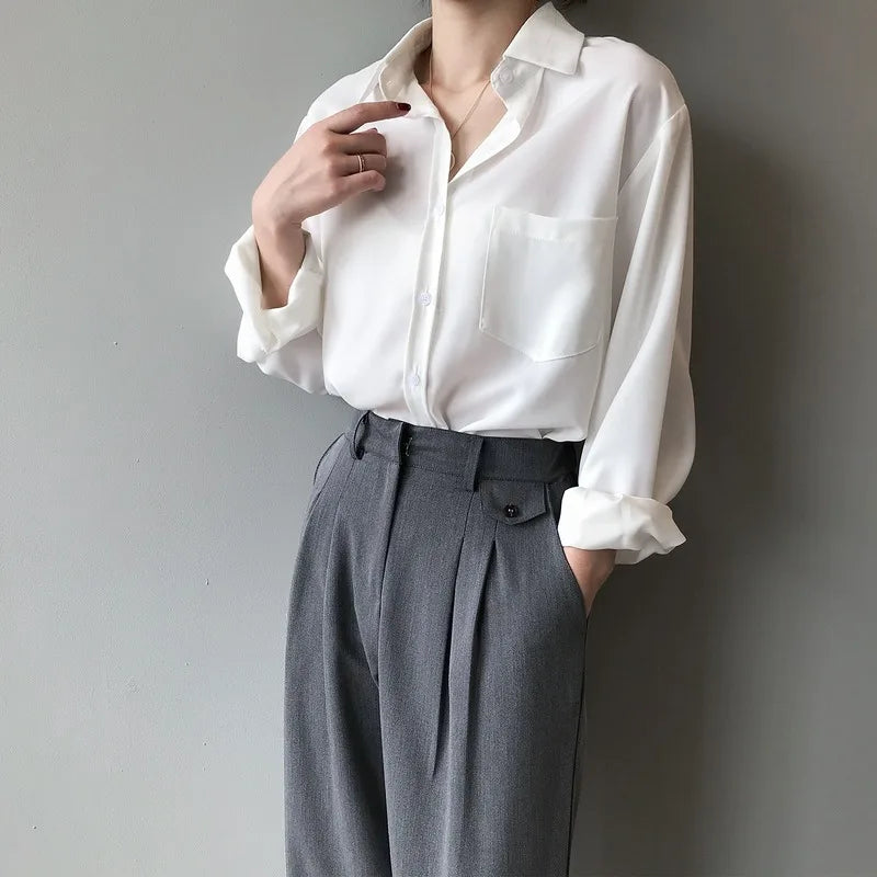 Vintage Inspired Long Sleeve Blouse for Women Loose Fit Casual White Shirt Elegant Solid Color Tops Perfect for Everyday Wear