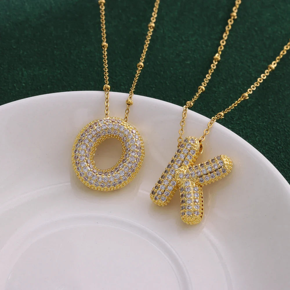 Luxury Zircon Crystal Initial Necklace for Women Stainless Steel Choker Chain Jewelry