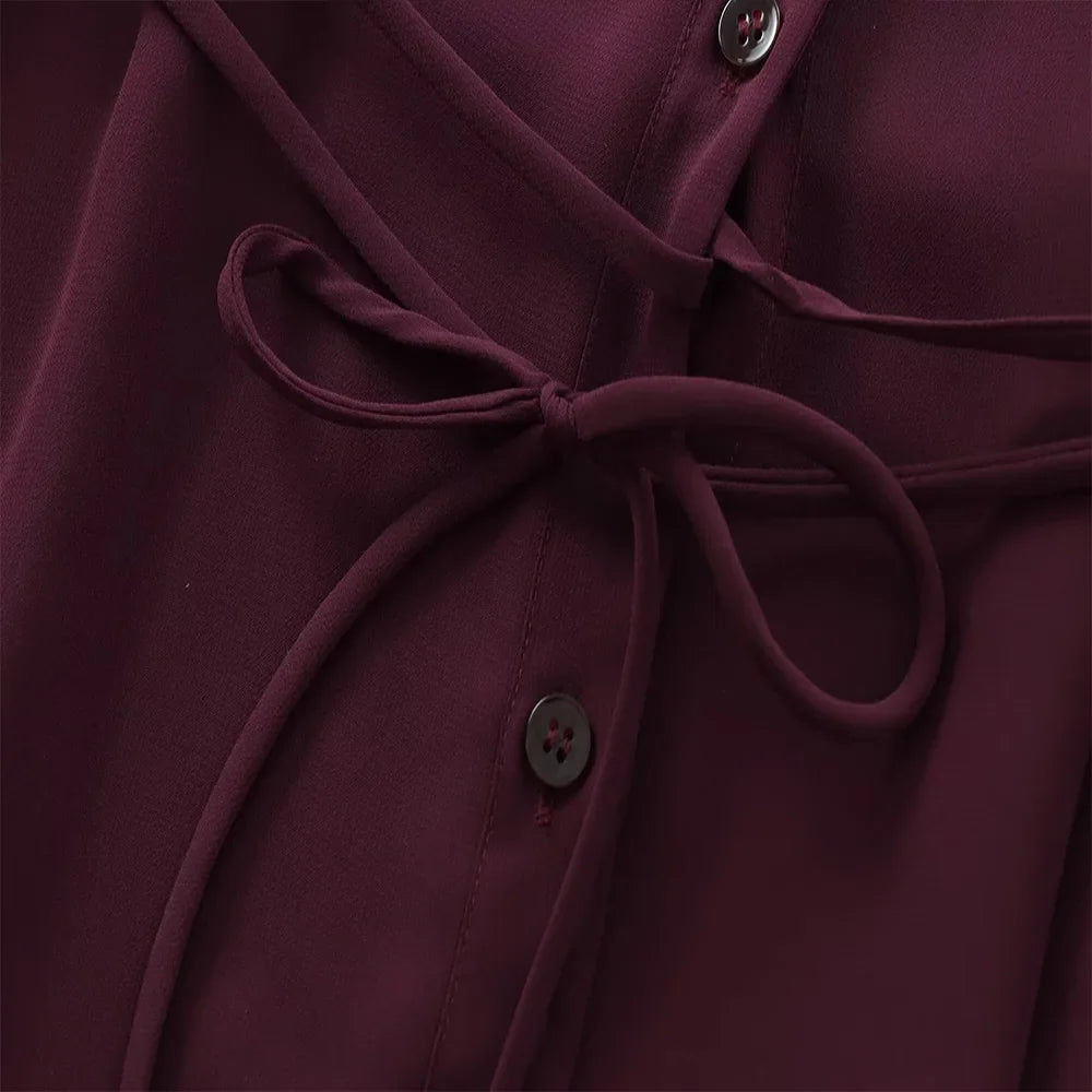 Women's Wine Red Polo Collar Chiffon Shirt Long Sleeve Single Breasted Bow Lace Up Loose Blouse